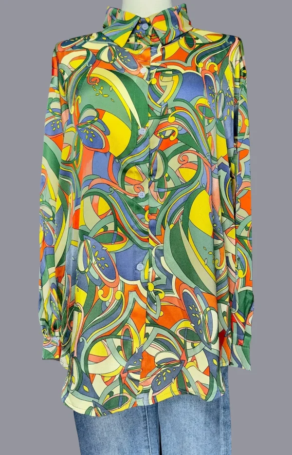 Abstract Multicolored Floral Thai Silk Shirt