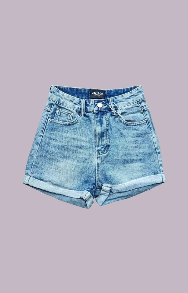 Folded Hem Faded Blue Shorts