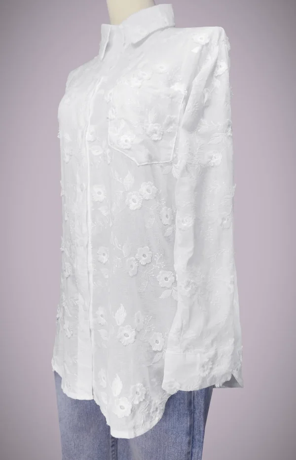 White 3D Floral Long Sleeve Shirt