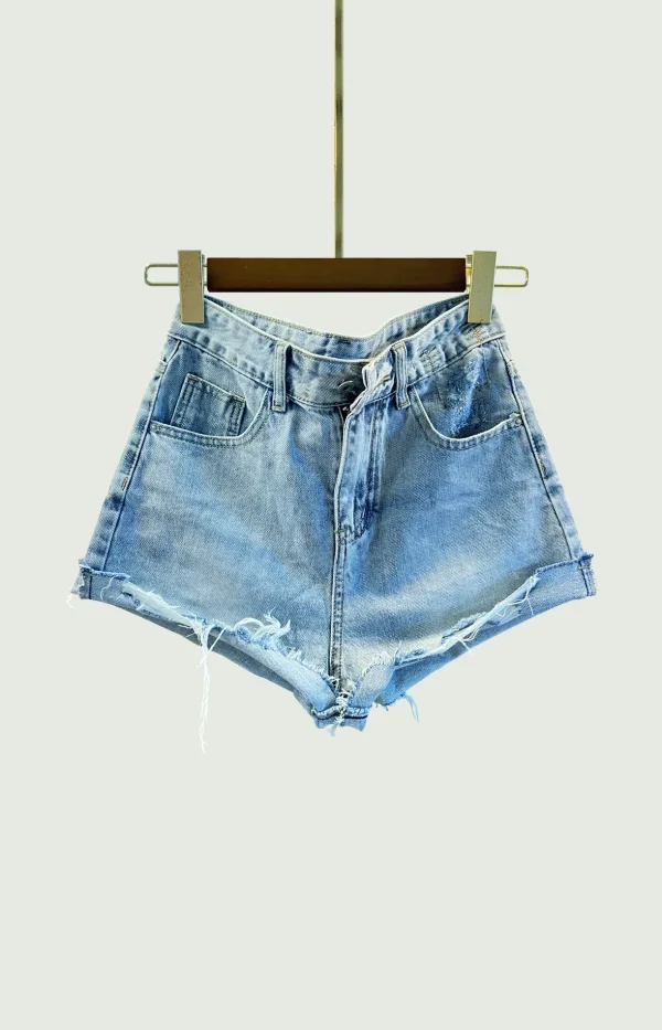 Ripped Edge Light Denim Shorts – Medium Waist