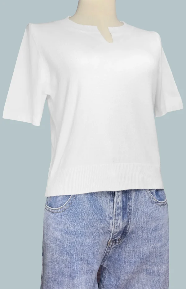 White Wool T-Shirt Slit Neckline